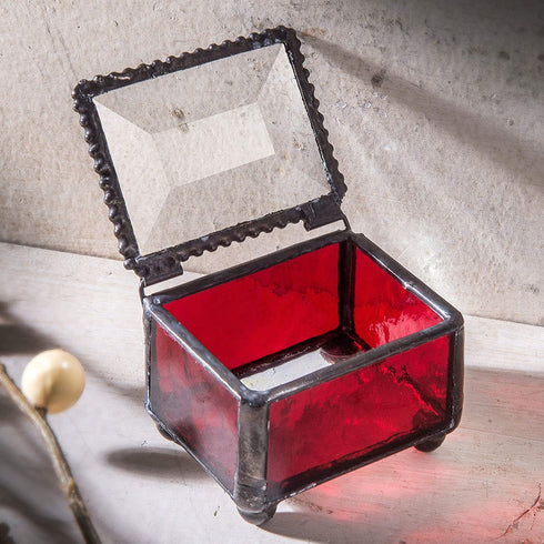 Ring Box Small Glass Jewelry Wedding Engagement Ring Dish Display Keepsake Trinket Case Gift Ruby Red Stained Glass J Devlin Box 325-4