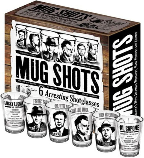 Mug Shots - 6 Piece Shot Glass Set of Famous Gangster Mugshots - Comes in a Colorful Gift Box