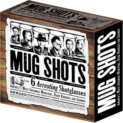 Mug Shots - 6 Piece Shot Glass Set of Famous Gangster Mugshots - Comes in a Colorful Gift Box