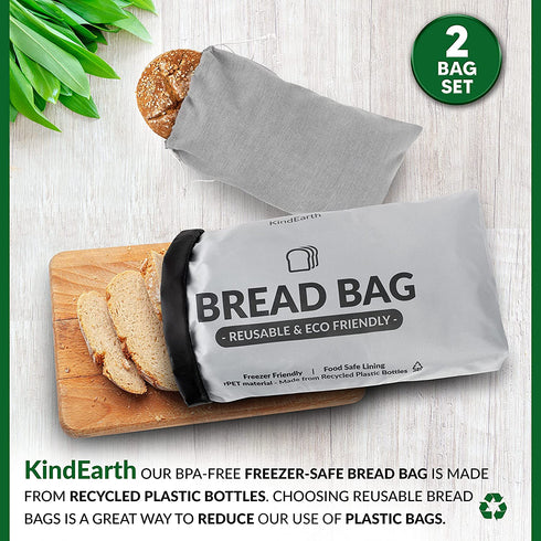KindEarth - 2 Bread Bags, Reusable Bread Storage Keeper for Freezer, Extra Large Loaf Container, Organic Linen Cloth Cotton Bag, Gift Giver for Bread Maker, Keeps homemade Sourdough Bread Fresh
