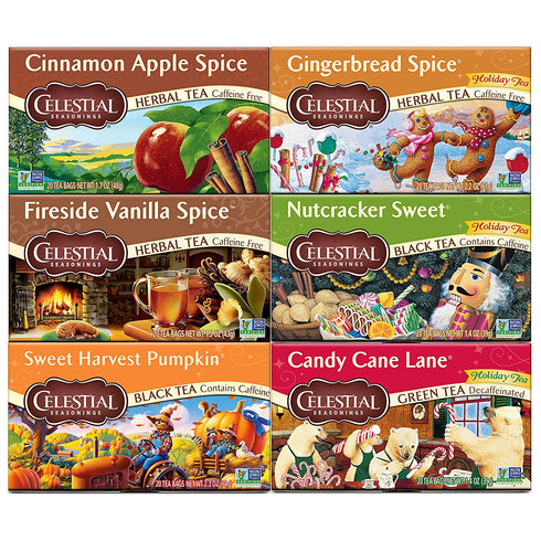 Celestial Seasonings Herbal Tea Seasonal Variety Pack, Cinnamon Apple Spice, Fireside Vanilla Spice, Sweet Harvest Pumpkin, Gingerbread Spice, Nutcrack Sweet & Candy Cane Lane, 20 Tea Bags (Pack of 6)