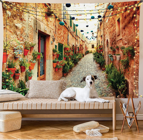 Ambesonne European Tapestry, Spanish Alley Rock Houses and Plants Latin Tourism Scene Mediterranean Print, Wide Wall Hanging for Bedroom Living Room Dorm, 60" X 40", Cream Green