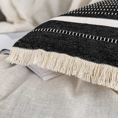 OJIA Modern Throw Pillow Cover with Tassels, Decorative Liana Fringe Accent Cushion Case, Farmhouse Woven Pillowcase for Sofa Chair Couch Bed Decor (Square 18 Inches, Black)