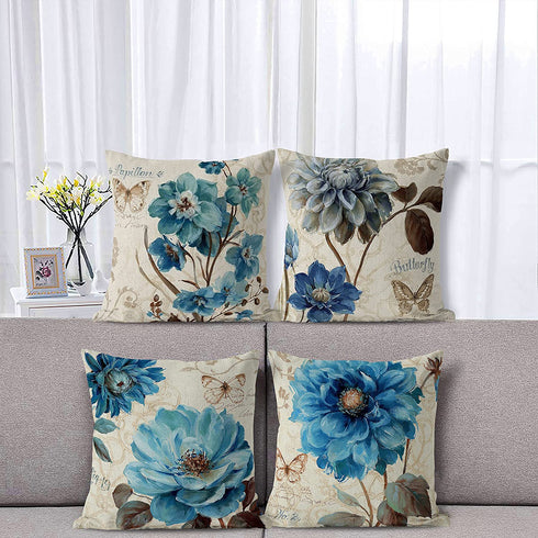 Set of 4 Farmhouse Blue Flower Throw Pillow Covers 18x18 Inch Orchid Butterfly Cotton Linen Floral Cushion Case Outdoor Sofa Throw Pillows Cover for Couch Living Room Bed Indoors Home Decor