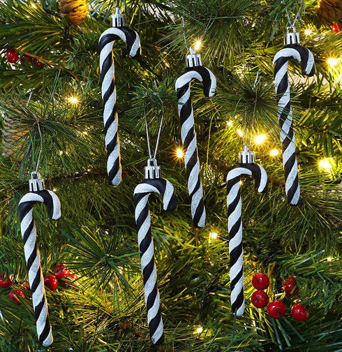 Christmas Concepts Pack of 6 - 13cm Glitter Candy Cane Christmas Tree Decorations / Ornaments (Black & White)