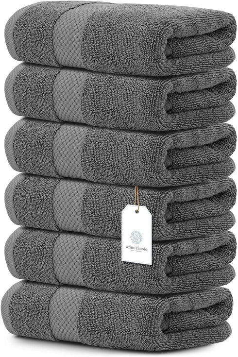 White Classic Luxury Hand Towels | Cotton Hotel spa Bathroom Towel | 16x30 | 6 Pack | Grey