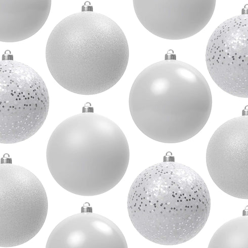 Festive, Shatterproof Ornaments Variety 20 Pack 2.4 in. Matte, Shiny, Sequin and Glitter Bulk Plastic Christmas Holiday Ball and Hook Set. DIY W/ Fun White Baubles for Xmas Trees, Wreaths or Garlands