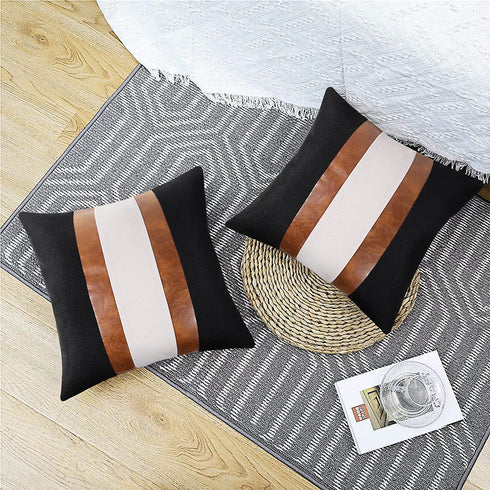 Pyonic Set of 2 Faux Leather Throw Pillow Covers 18x18 Inch Black and White Modern Farmhouse Pillow Covers Decorative Linen Stripe Accent Cushion Covers for Couch Sofa