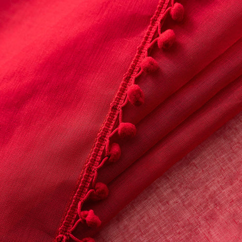 MISS SELECTEX Linen Look Pom Pom Tasseled Sheer Curtains - Rod Pocket Voile Semi-Sheer Curtains for Living and Bedroom, Set of 2 Curtain Panels (52 x 84 inch, True Red)