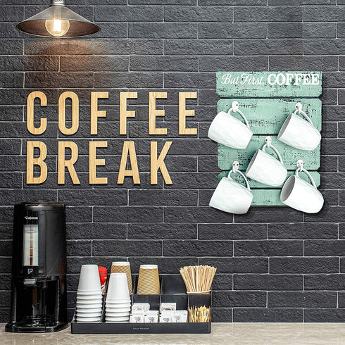 TREE IN BLUE Wooden Coffee Mug Holder - 17 X 13 Inch Eggshell Blue Wall Mounted Rustic Wood Cup Organizer 5 hooks, But First Coffee Sign Wall Decor, Mug Rack Display Shelf, Home Kitchen Storage