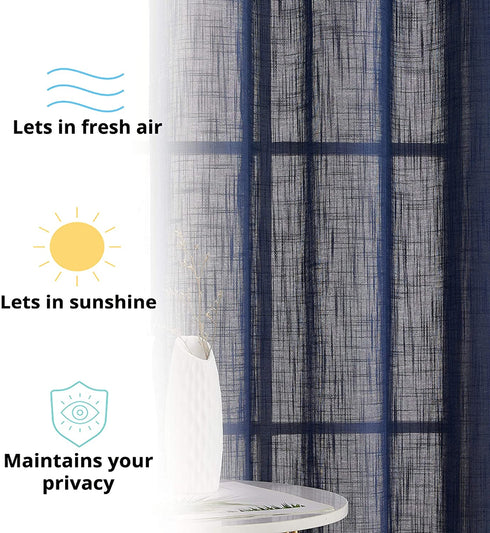 HLC.ME Abbey Faux Linen Textured Semi Sheer Privacy Sun Light Filtering Transparent Window Grommet Short Thick Curtains Drapery Panels for Bedroom & Living Room, 2 Panels (54 W x 72 L, Navy Blue)