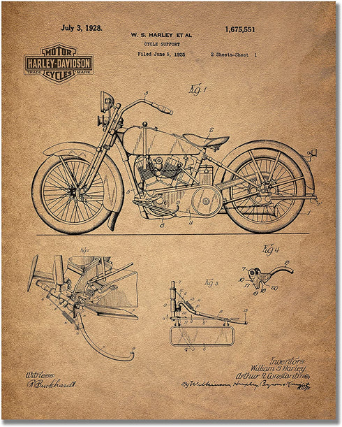 Harley Davidson Patent Prints (8 inches x 10 inches - Set of 6 Prints)