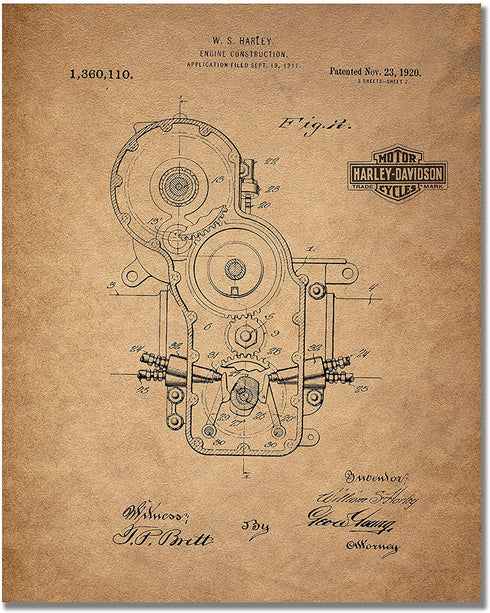 Harley Davidson Patent Prints (8 inches x 10 inches - Set of 6 Prints)