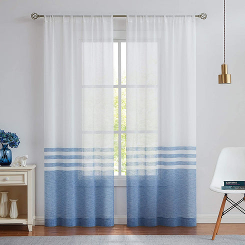 WEST LAKE Stripe Sheer Curtain Panels Color Block Farmhouse Window Treatment Drapery Sets Colorblock for Bedroom,Balcony,Living Room,Rustic Rod Pocket Design 40Wx63L,2 Panels,Blue and White