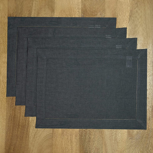D'Moksha Homes Linen Placemats - 14 x 19 Inch Placemats Set of 4 - Charcoal Gray, Classic Hemstitch Cloth Placemats, Machine Washable, Table Mats for Spring Summer Easter Mother's Day