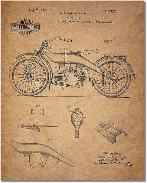 Harley Davidson Patent Prints (8 inches x 10 inches - Set of 6 Prints)