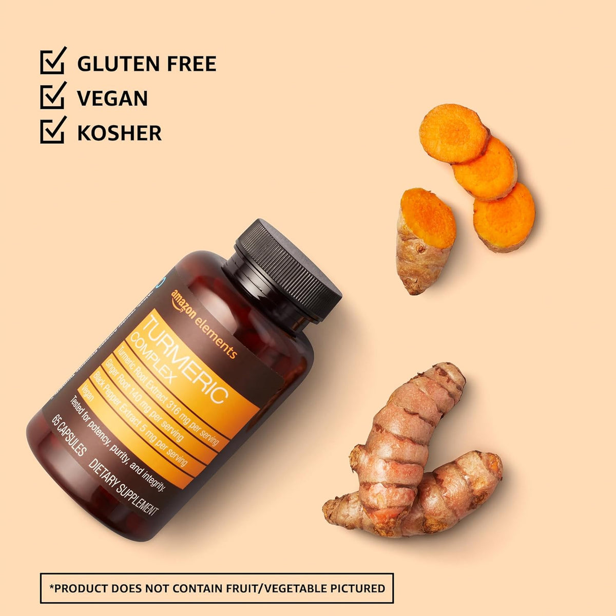 Amazon Elements Turmeric Complex, 316 mg Curcumin, 140 mg Ginger, 5 mg ...
