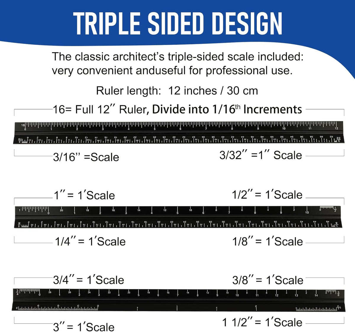 Architectural Scale Ruler for Blueprint, 12'' Metric Metal Engineers ...