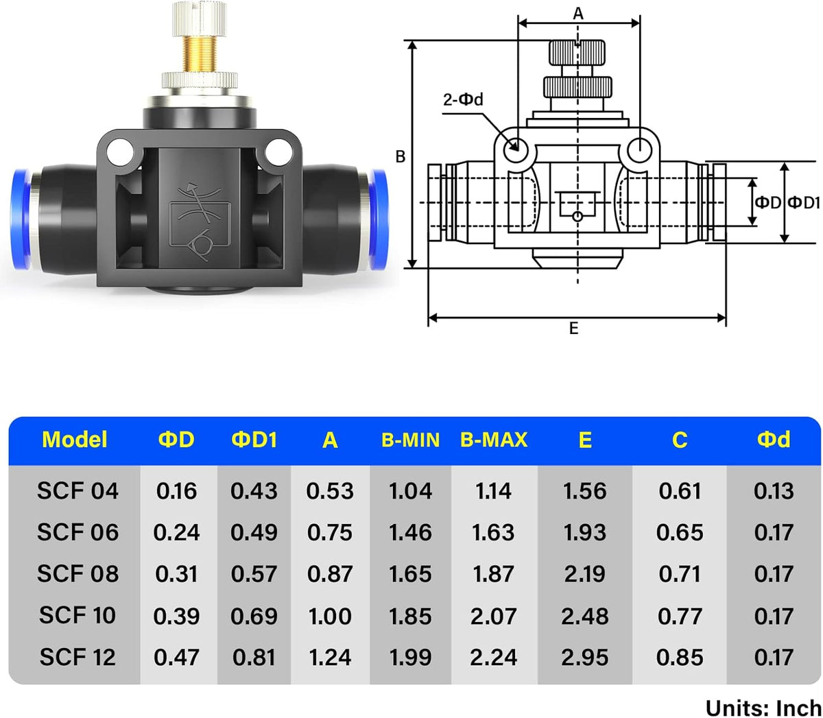 TAILONZ PNEUMATIC Air Flow Control Valve with Push-to-Connect Fitting ...