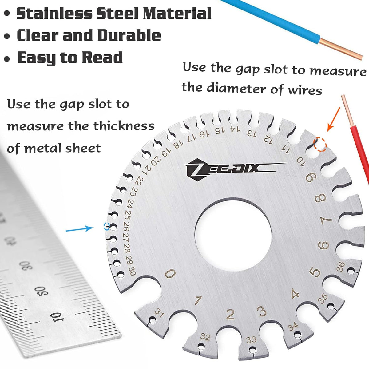 ZeeDix Standard Dual-Sided Round Wire Cable Sheet Gage- Stainless Steel ...
