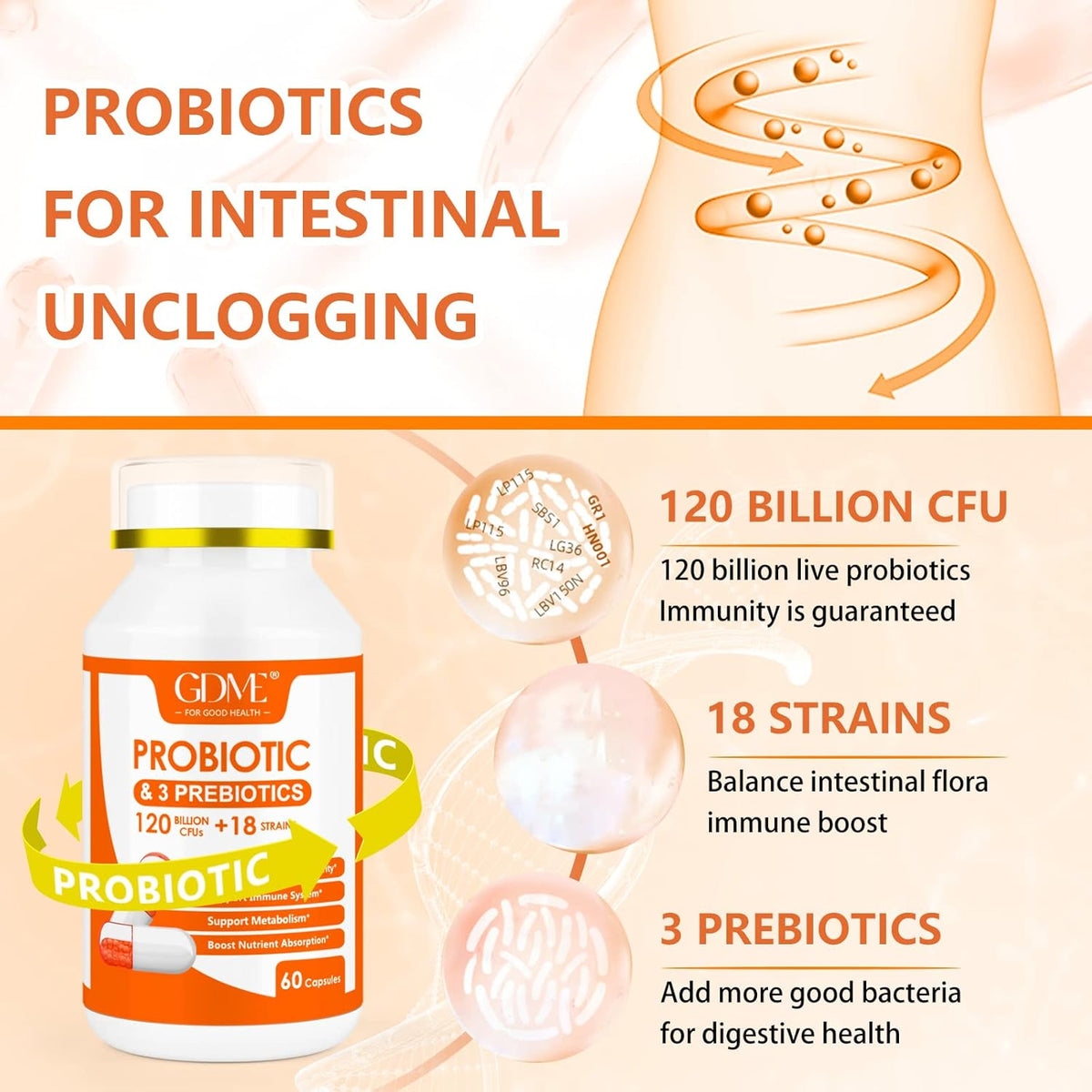 Probiotic Capsules, 60 Capsules 120 Billion CFU 18 Strains, Contains 3 ...
