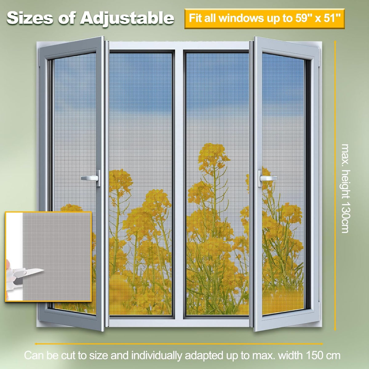 Magnetic Window Screen, Adjustable DIY Window Net Max 59” x 51” with ...